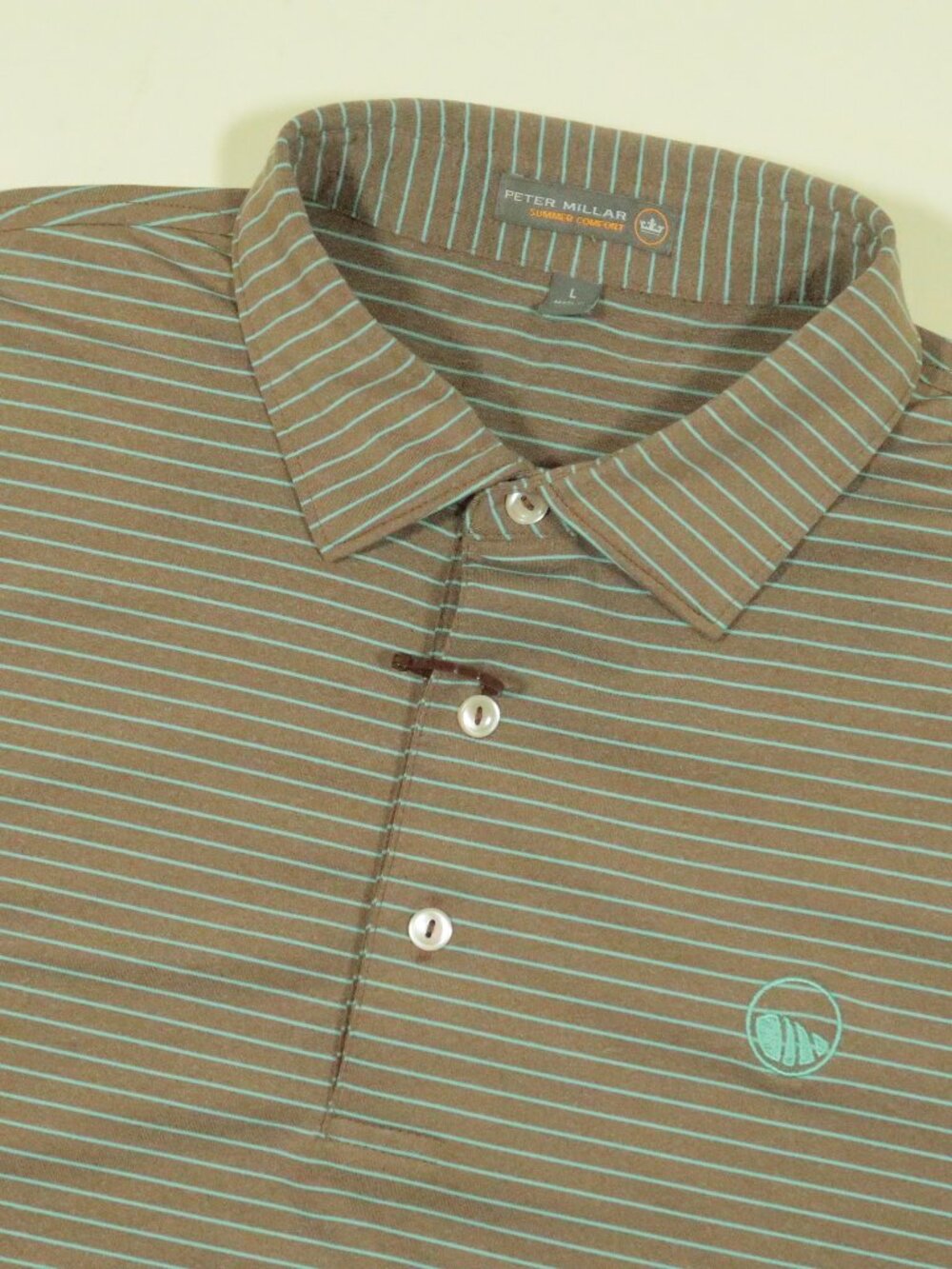 Peter Millar Summer Comfort The Cliffs Golf Polo Shirt Mens L Brown Stripe New